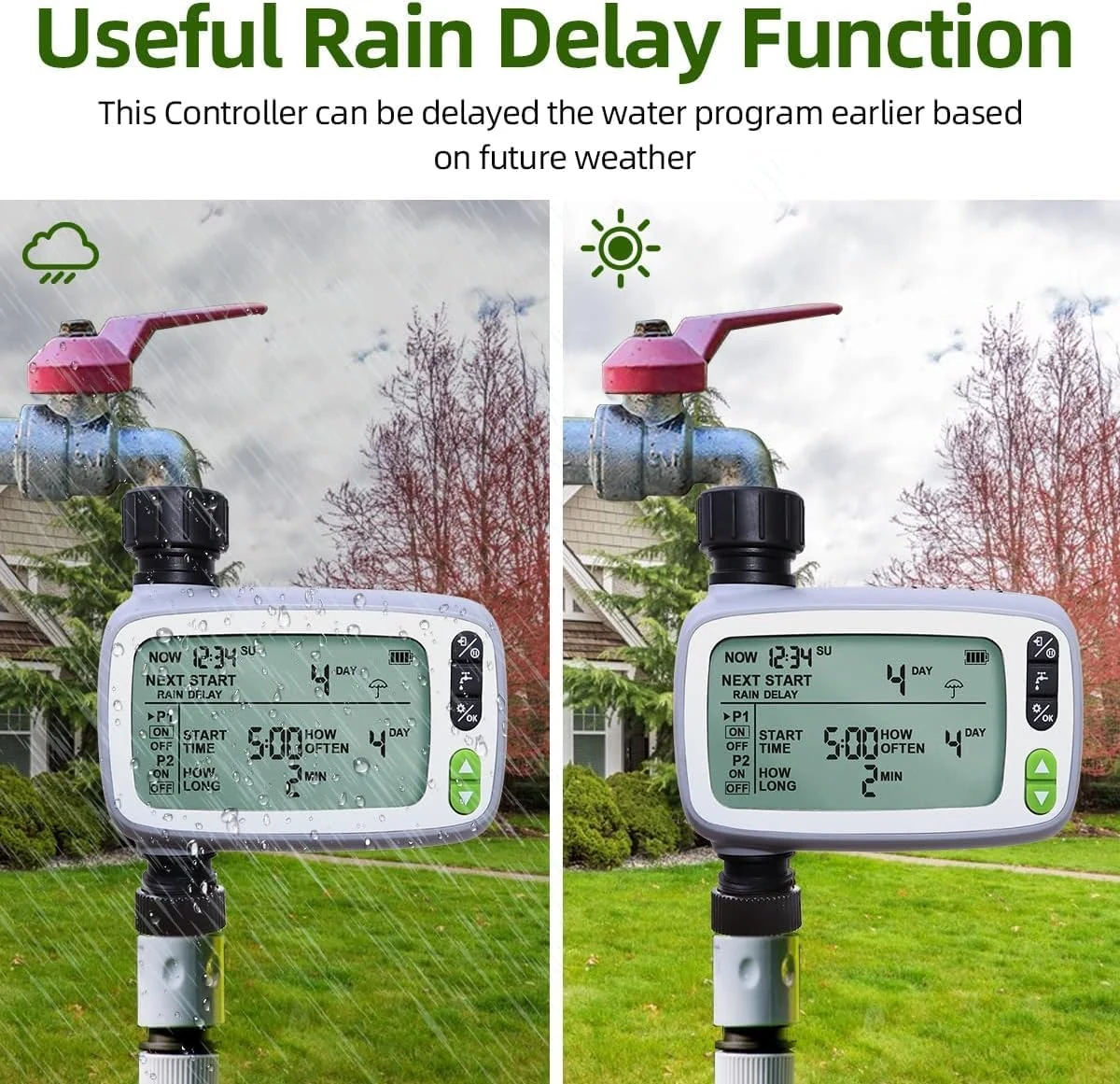 Garden water timer rain delay function display
